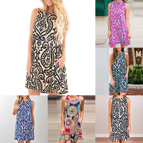 Sexy Roundneck Sleeveless Printed Pattern Dress