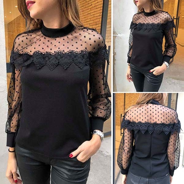 Sexy See-through Gauze Lace Spliced Long Sleeve Top