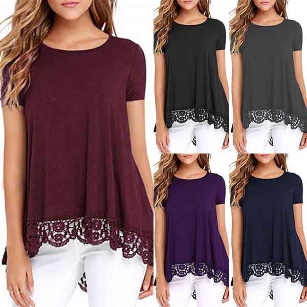 Fashion Short Sleeve Round Neck Lace Spliced Hem T-shirt