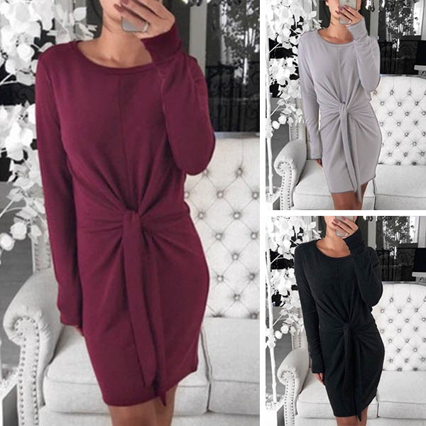 Fashion Solid Color Long Sleeve Round Neck Knotted Dress