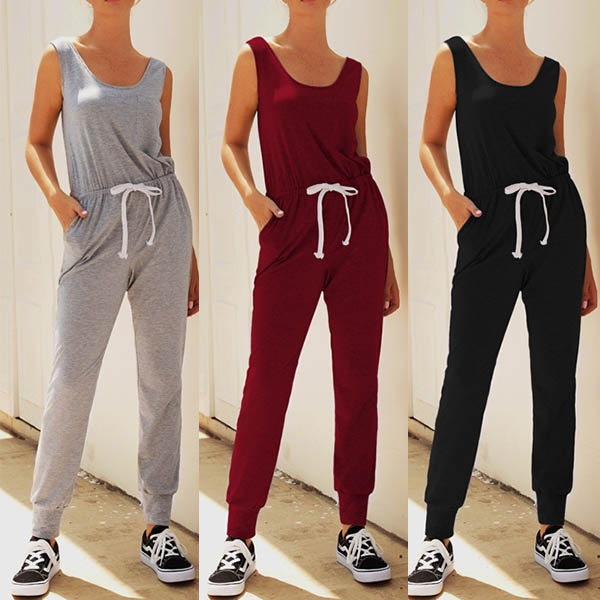 Fashion Solid Color Sleeveless Drawstring Waist Jumpsuit