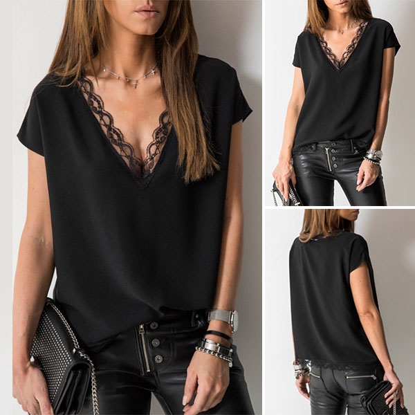 Sexy Lace Spliced V-neck Short Sleeve Solid Color T-shirt