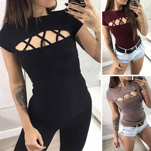 Sexy Hollow Out Short Sleeve Solid Color T-shirt